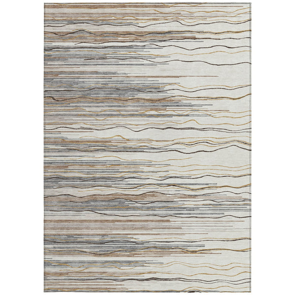 Homeroots 3' Striped Washable Area Rug - Stylish Brown, Beige & Ivory Design For Indoor And Outdoor Use 5' X 8' Polyester 597254