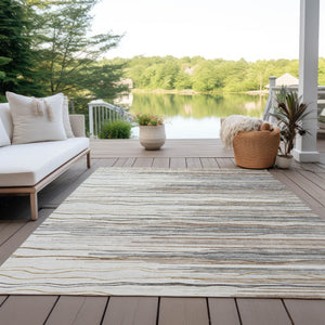 Homeroots 3' Striped Washable Area Rug - Stylish Brown, Beige & Ivory Design For Indoor And Outdoor Use 5' X 8' Polyester 597254