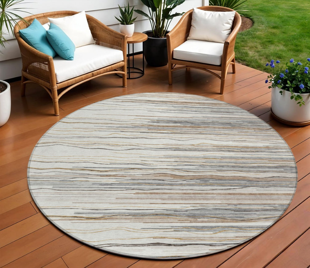 HomeRoots 5' Stylish Ivory, Brown & Gray Striped Washable Area Rug - Perfect for Indoor & Outdoor Spaces 8' Round 597255