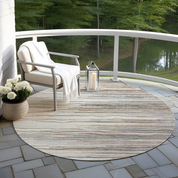Homeroots 3' Striped Washable Area Rug - Stylish Brown, Beige & Ivory Design For Indoor And Outdoor Use 8' Round Polyester 597255