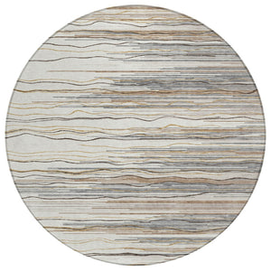 HomeRoots 5' Stylish Ivory, Brown & Gray Striped Washable Area Rug - Perfect for Indoor & Outdoor Spaces 8' Round 597255