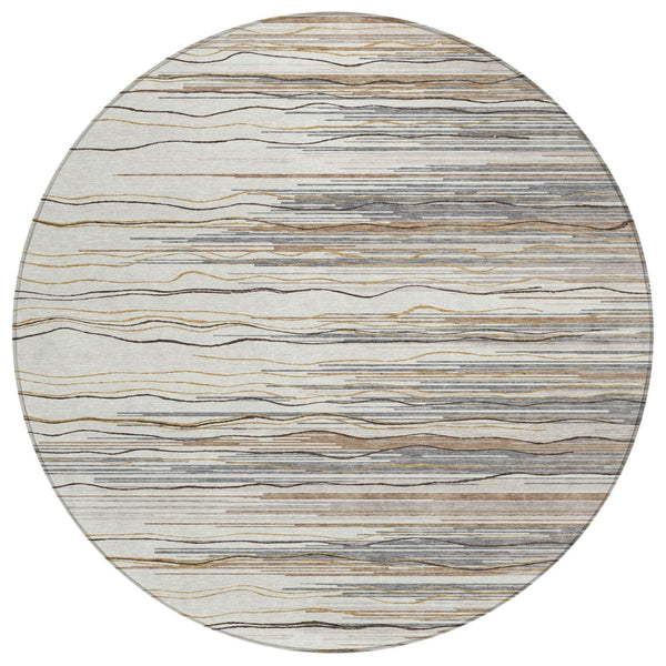HomeRoots 5' Stylish Ivory, Brown & Gray Striped Washable Area Rug - Perfect for Indoor & Outdoor Spaces 8' Round 597255