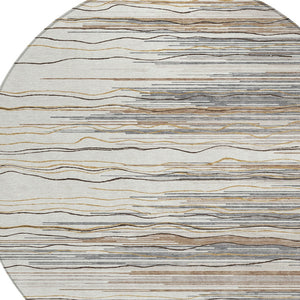 Homeroots 3' Striped Washable Area Rug - Stylish Brown, Beige & Ivory Design For Indoor And Outdoor Use 8' Round Polyester 597255