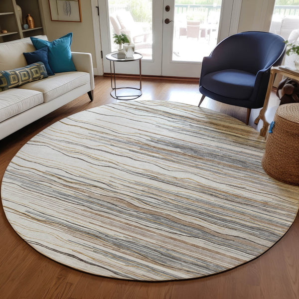 Homeroots 3' Striped Washable Area Rug - Stylish Brown, Beige & Ivory Design For Indoor And Outdoor Use 8' Round Polyester 597255