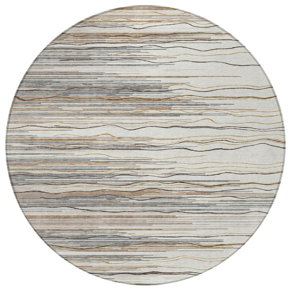 Homeroots 3' Striped Washable Area Rug - Stylish Brown, Beige & Ivory Design For Indoor And Outdoor Use 8' Round Polyester 597255