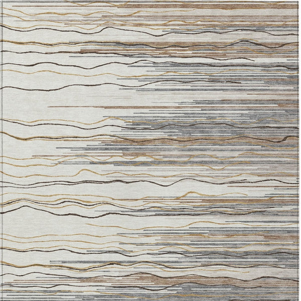 Homeroots 3' Striped Washable Area Rug - Stylish Brown, Beige & Ivory Design For Indoor And Outdoor Use 8' X 10' Polyester 597256