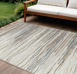 Homeroots 3' Striped Washable Area Rug - Stylish Brown, Beige & Ivory Design For Indoor And Outdoor Use 8' X 10' Polyester 597256