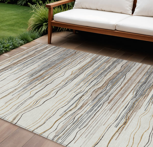 Homeroots 3' Striped Washable Area Rug - Stylish Brown, Beige & Ivory Design For Indoor And Outdoor Use 10' X 14' Polyester 597258