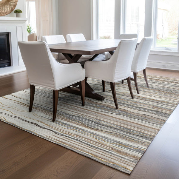 Homeroots 3' Striped Washable Area Rug - Stylish Brown, Beige & Ivory Design For Indoor And Outdoor Use 10' X 14' Polyester 597258