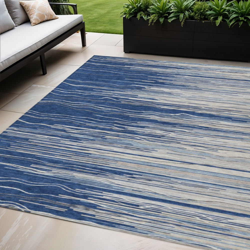 HomeRoots 5' Striped Navy Blue Gray Ivory Area Rug - Durable, Washable, Perfect for Indoor & Outdoor Spaces 5' X 8' 597266