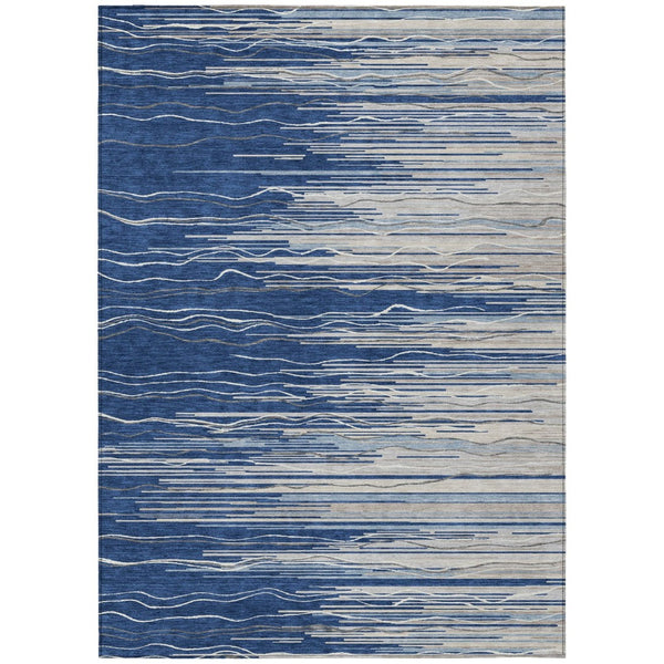 HomeRoots 5' Striped Navy Blue Gray Ivory Area Rug - Durable, Washable, Perfect for Indoor & Outdoor Spaces 5' X 8' 597266