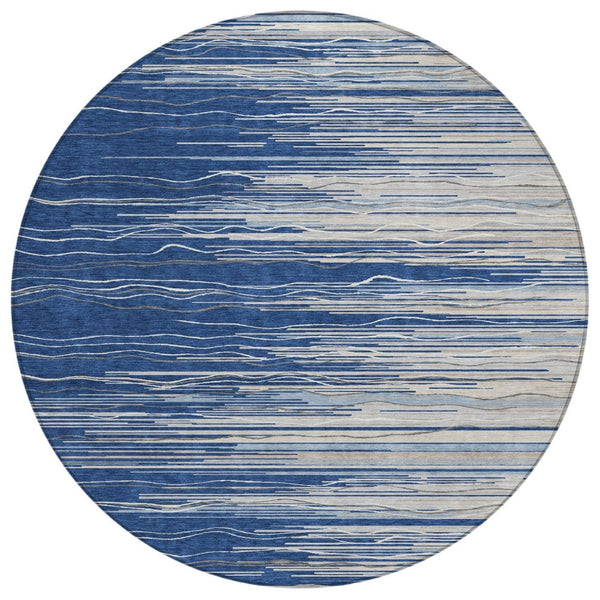 HomeRoots 5' Striped Navy Blue Gray Ivory Area Rug - Durable, Washable, Perfect for Indoor & Outdoor Spaces 8' Round 597267