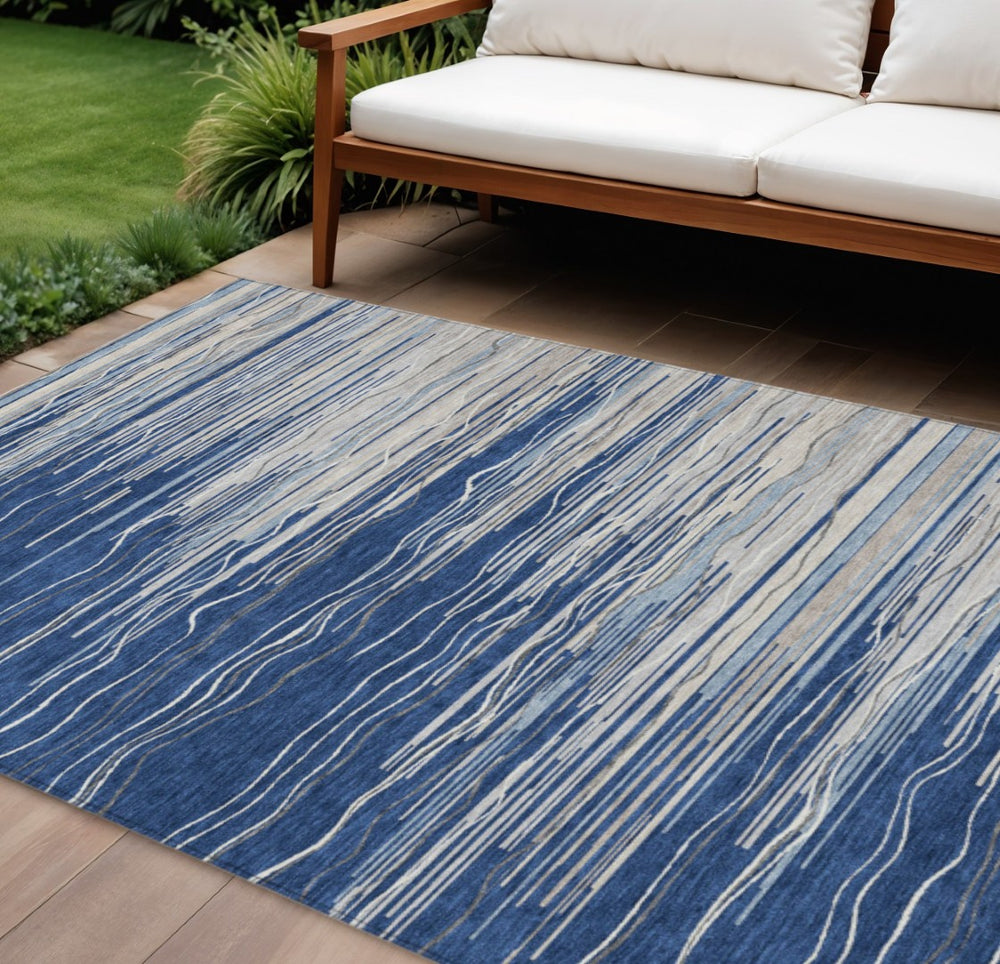 HomeRoots 9' Classic Striped Navy Blue, Gray & Ivory Washable Area Rug for Indoor/Outdoor Living Spaces 597269