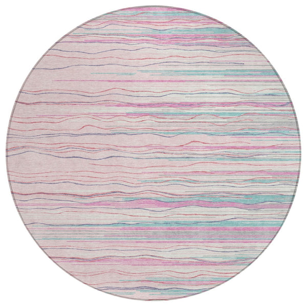 HomeRoots 5' Striped Washable Area Rug in Pink, Blue, and Purple – Perfect for Indoor and Outdoor Spaces! 8' Round 597273