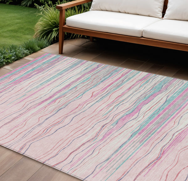 Homeroots 3' Striped Washable Area Rug - Stylish Brown, Beige & Ivory Design For Indoor And Outdoor Use 8' X 10' Polyester 597274
