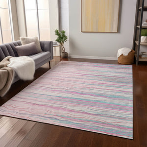 Homeroots 3' Striped Washable Area Rug - Stylish Brown, Beige & Ivory Design For Indoor And Outdoor Use 8' X 10' Polyester 597274