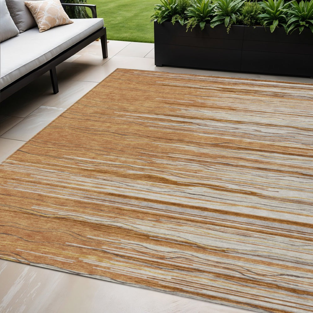HomeRoots 5' Stylish Brown Copper and Ivory Striped Area Rug for Indoor/Outdoor Use - Durable & Washable 5' X 8' 597278