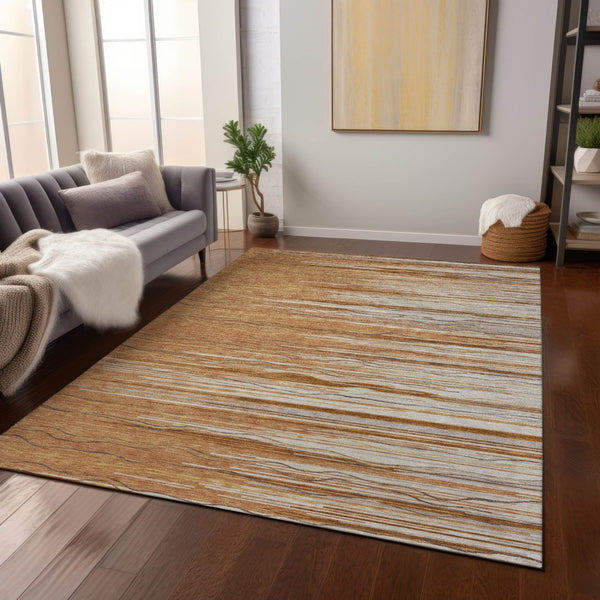 Homeroots 3' Striped Washable Area Rug - Stylish Brown, Beige & Ivory Design For Indoor And Outdoor Use 5' X 8' Polyester 597278