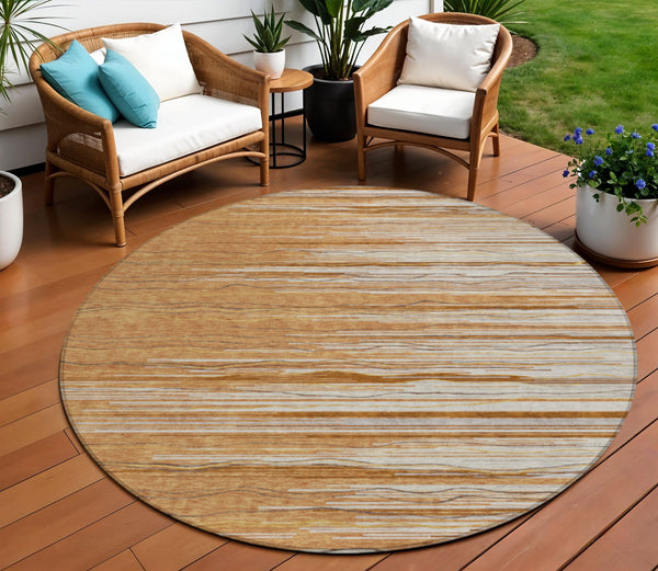 Homeroots 3' Striped Washable Area Rug - Stylish Brown, Beige & Ivory Design For Indoor And Outdoor Use 8' Round Polyester 597279