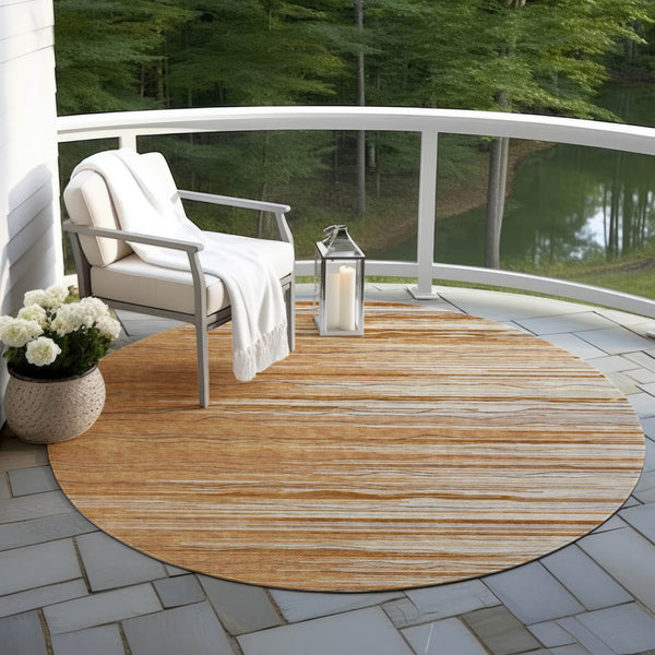 Homeroots 3' Striped Washable Area Rug - Stylish Brown, Beige & Ivory Design For Indoor And Outdoor Use 8' Round Polyester 597279