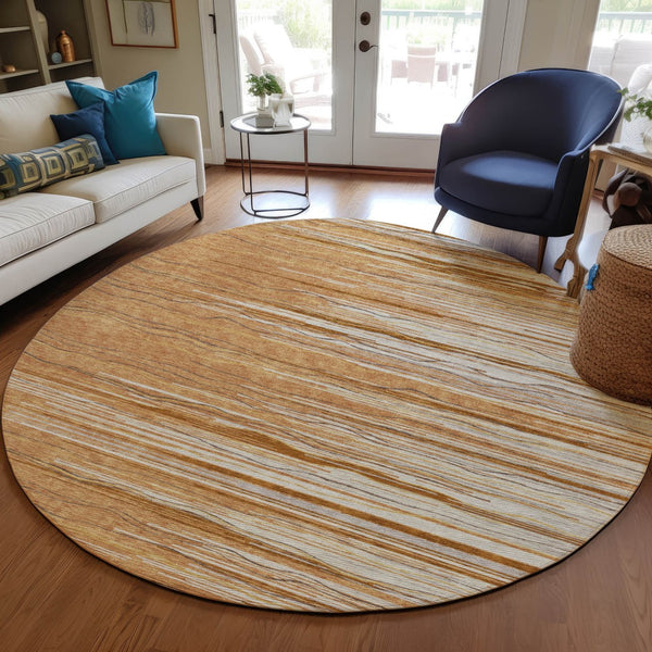 Homeroots 3' Striped Washable Area Rug - Stylish Brown, Beige & Ivory Design For Indoor And Outdoor Use 8' Round Polyester 597279