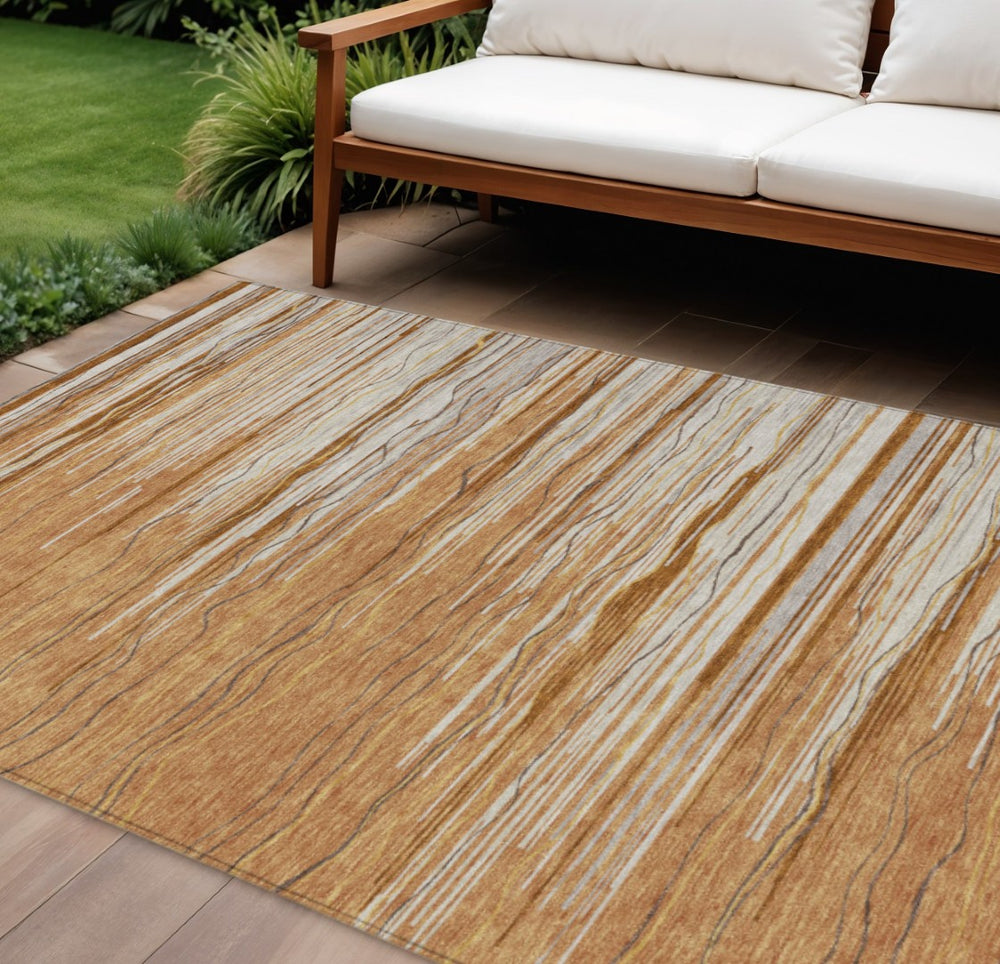 HomeRoots 9' X 12' Washable Brown Copper & Ivory Striped Area Rug - Durable Indoor/Outdoor Décor for High-Traffic Use 597281