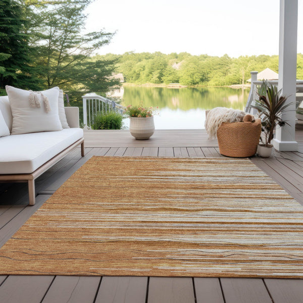 Homeroots 3' Striped Washable Area Rug - Stylish Brown, Beige & Ivory Design For Indoor And Outdoor Use 10' X 14' Polyester 597282