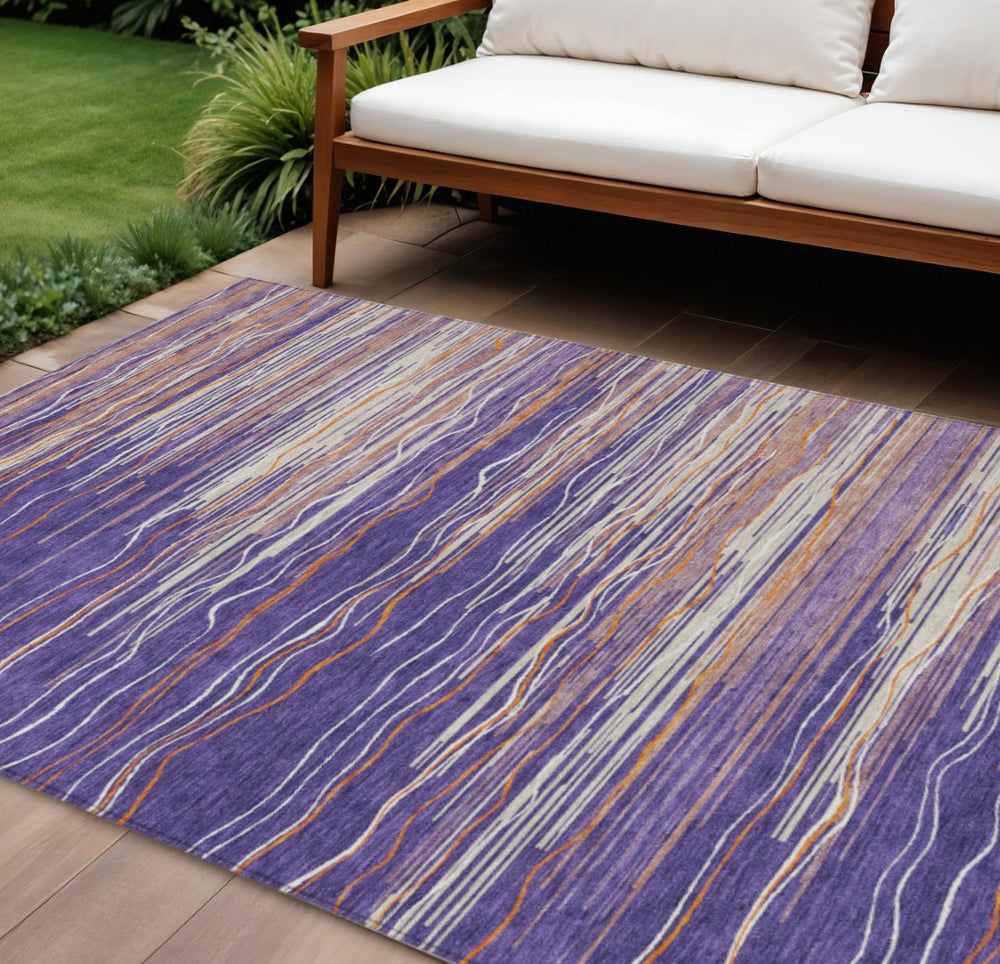 HomeRoots 9' X 12' Striped Washable Indoor Outdoor Area Rug in Purple, Copper & Ivory – Durable & Stylish! 597287