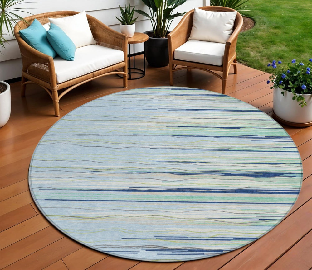HomeRoots 5' Sky Blue Aqua and Gray Striped Washable Area Rug – Durable, Stylish, Indoor/Outdoor Versatility 8' Round 597291