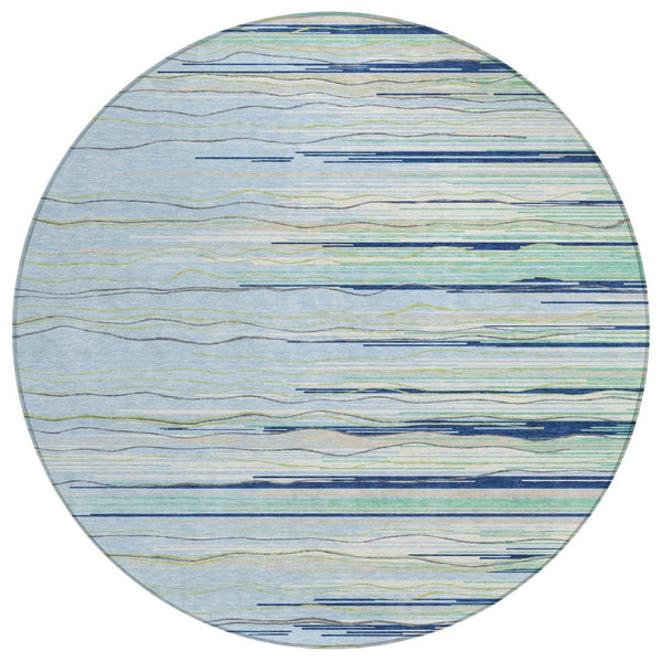 HomeRoots 5' Sky Blue Aqua and Gray Striped Washable Area Rug – Durable, Stylish, Indoor/Outdoor Versatility 8' Round 597291