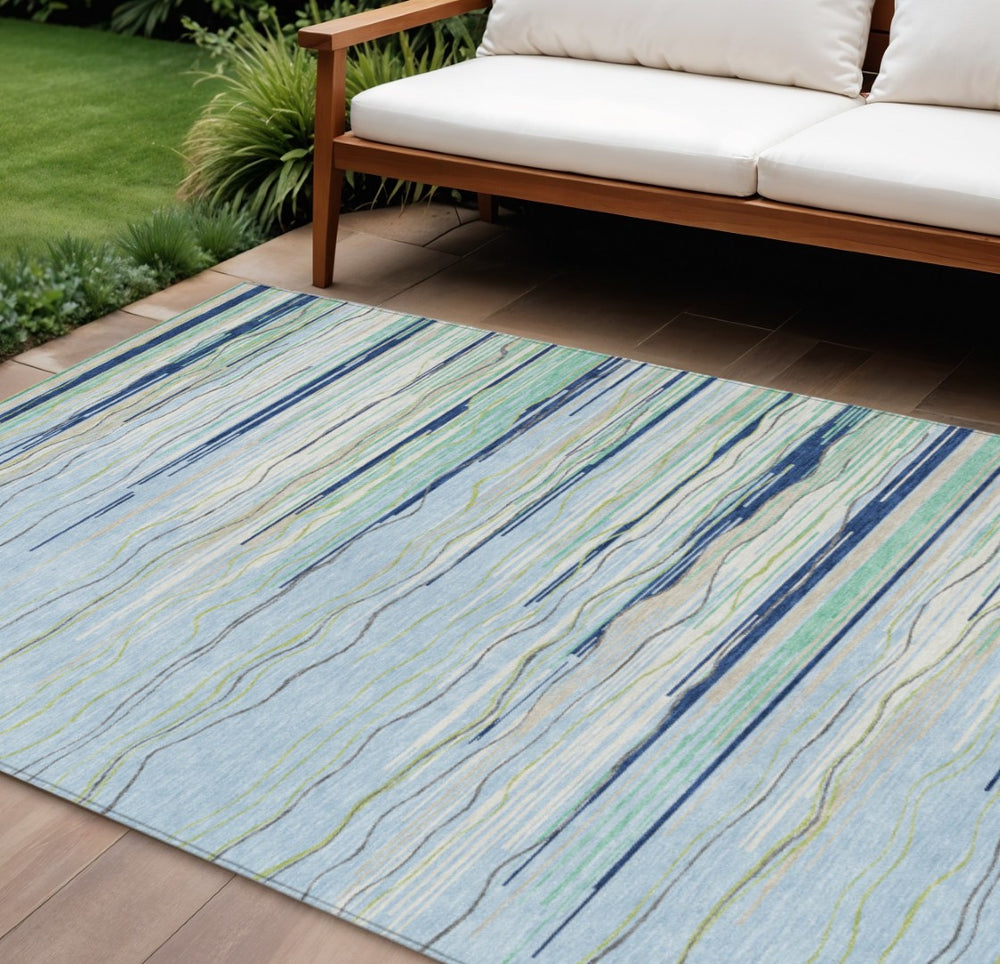 HomeRoots 9' X 12' Stylish Coastal Aqua Gray Striped Washable Rug for Indoor Outdoor Spaces - Durable & Chic 597293