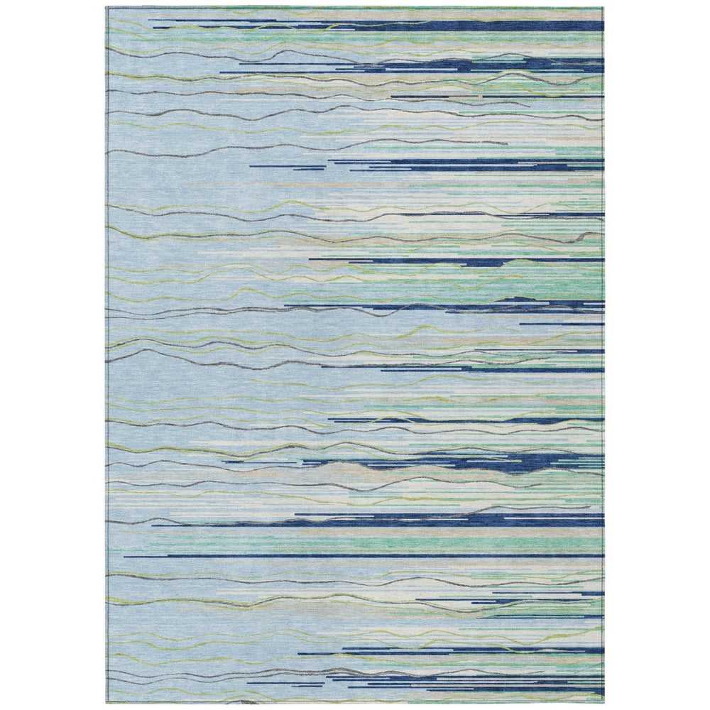 HomeRoots 9' X 12' Stylish Coastal Aqua Gray Striped Washable Rug for Indoor Outdoor Spaces - Durable & Chic 597293