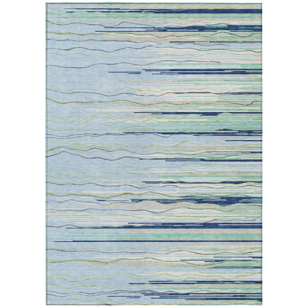 HomeRoots 5' Sky Blue Aqua and Gray Striped Washable Area Rug – Durable, Stylish, Indoor/Outdoor Versatility 10' X 14' 597294