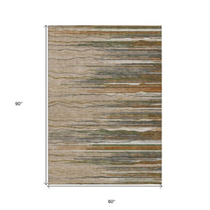 Homeroots 3' Striped Washable Area Rug - Stylish Brown, Beige & Ivory Design For Indoor And Outdoor Use 5' X 8' Polyester 597296