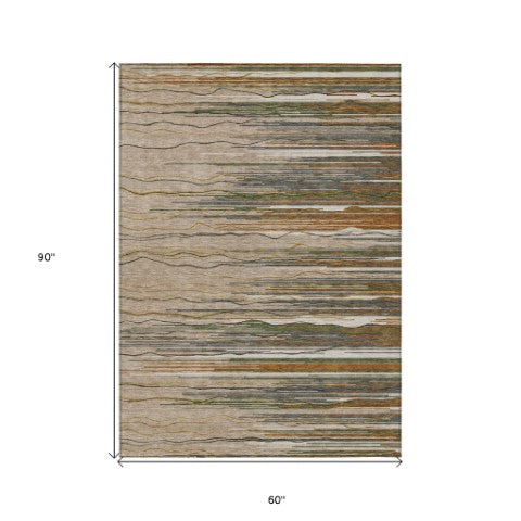 Homeroots 3' Striped Washable Area Rug - Stylish Brown, Beige & Ivory Design For Indoor And Outdoor Use 5' X 8' Polyester 597296