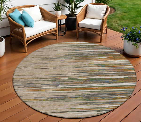 Homeroots 3' Striped Washable Area Rug - Stylish Brown, Beige & Ivory Design For Indoor And Outdoor Use 8' Round Polyester 597297