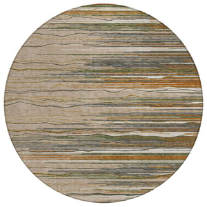 HomeRoots 5' Stylish Taupe Copper and Green Striped Area Rug - Durable, Washable, Perfect for Indoor & Outdoor Spaces 8' Round 597297