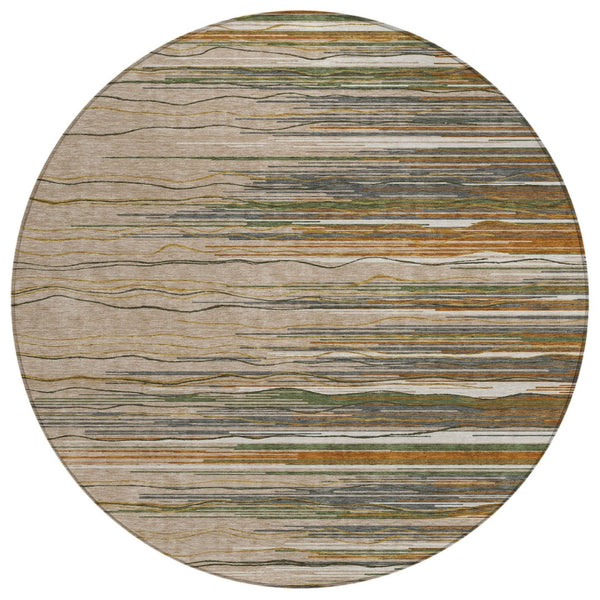 HomeRoots 5' Stylish Taupe Copper and Green Striped Area Rug - Durable, Washable, Perfect for Indoor & Outdoor Spaces 8' Round 597297