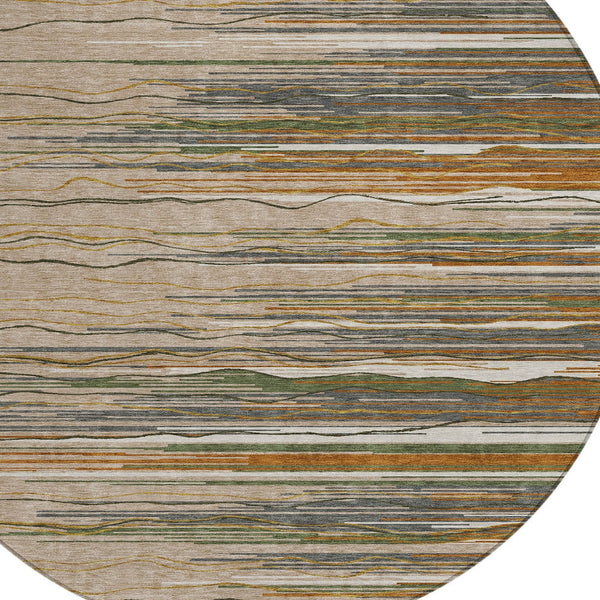 Homeroots 3' Striped Washable Area Rug - Stylish Brown, Beige & Ivory Design For Indoor And Outdoor Use 8' Round Polyester 597297