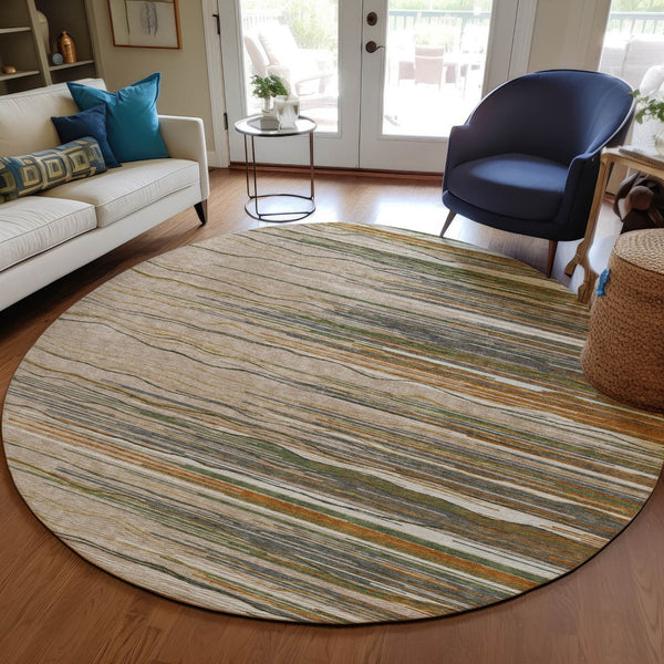 Homeroots 3' Striped Washable Area Rug - Stylish Brown, Beige & Ivory Design For Indoor And Outdoor Use 8' Round Polyester 597297