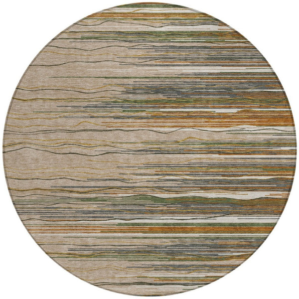 Homeroots 3' Striped Washable Area Rug - Stylish Brown, Beige & Ivory Design For Indoor And Outdoor Use 8' Round Polyester 597297