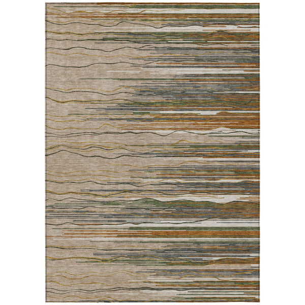 Homeroots 3' Striped Washable Area Rug - Stylish Brown, Beige & Ivory Design For Indoor And Outdoor Use 8' X 10' Polyester 597298