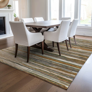 Homeroots 3' Striped Washable Area Rug - Stylish Brown, Beige & Ivory Design For Indoor And Outdoor Use 8' X 10' Polyester 597298