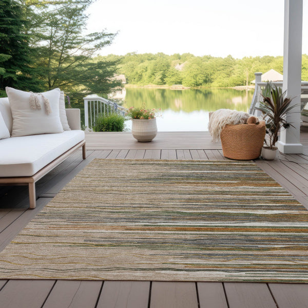 Homeroots 3' Striped Washable Area Rug - Stylish Brown, Beige & Ivory Design For Indoor And Outdoor Use 8' X 10' Polyester 597298