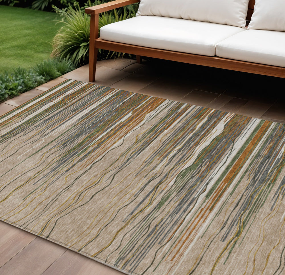Homeroots 3' Striped Washable Area Rug - Stylish Brown, Beige & Ivory Design For Indoor And Outdoor Use 9' X 12' Polyester 597299