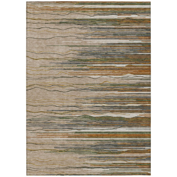 HomeRoots 9' X 12' Striped Washable Indoor Outdoor Area Rug - Taupe, Copper & Green for Versatile Spaces! 597299