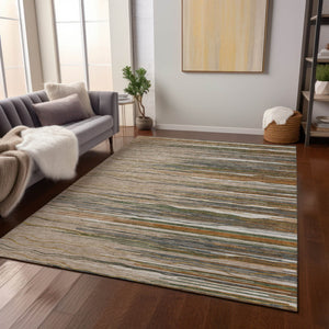 Homeroots 3' Striped Washable Area Rug - Stylish Brown, Beige & Ivory Design For Indoor And Outdoor Use 10' X 14' Polyester 597300