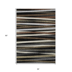 Homeroots 3' Black Brown And Ivory Striped Washable Area Rug - Durable, Versatile Design For Indoor Or Outdoor Use 3' X 5' Polyester 597301