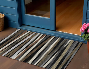 Homeroots 3' Black Brown And Ivory Striped Washable Area Rug - Durable, Versatile Design For Indoor Or Outdoor Use 3' X 5' Polyester 597301