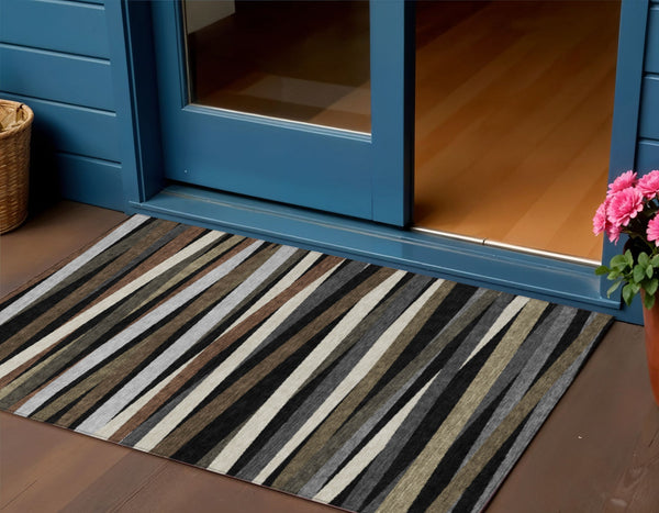 Homeroots 3' Black Brown And Ivory Striped Washable Area Rug - Durable, Versatile Design For Indoor Or Outdoor Use 3' X 5' Polyester 597301